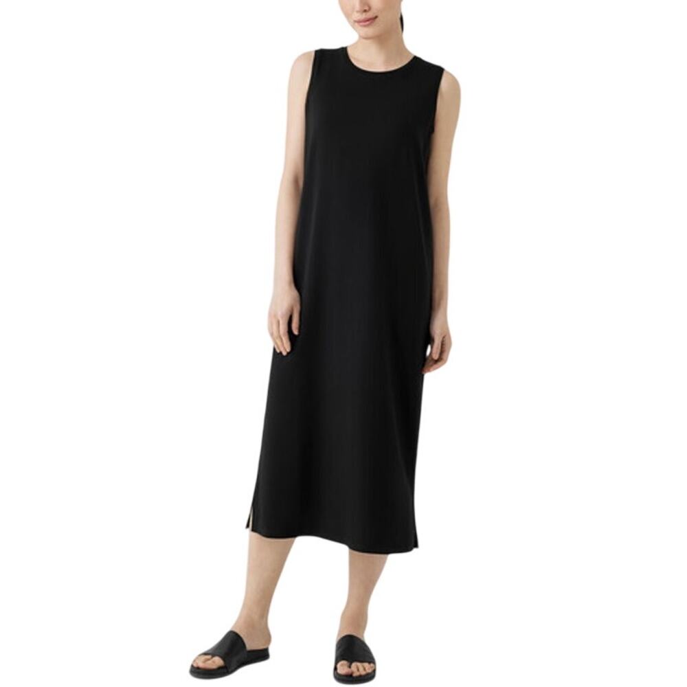 Eileen Fisher Crew Neck Tank Dress Womens Small Black Tencel Stretch Jersey Midi